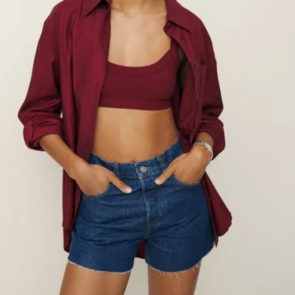NWT Reformation Charlene High Rise Cutoff Denim Jean Shorts Cesme Dark Blue - Picture 1 of 8